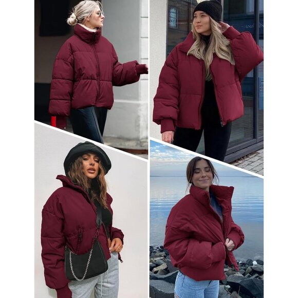 Women's Puffer Jacket Coats Short Warm Quilted Jackets with Pockets Burgundy - Picture 7 of 7